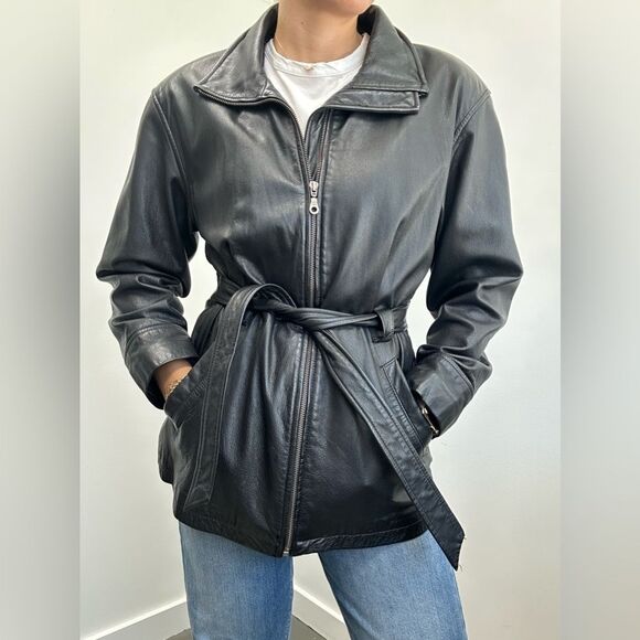 Jacqueline Ferrar 90's Vintage Black Leather Jacket Mid Length Waist Tie Size M - Picture 3 of 11